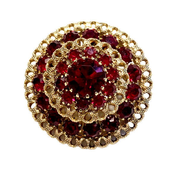 Vintage Mid Century Brooch Gold Red Glass Rhinestones Stacked Dimensional Round - Picture 9 of 9